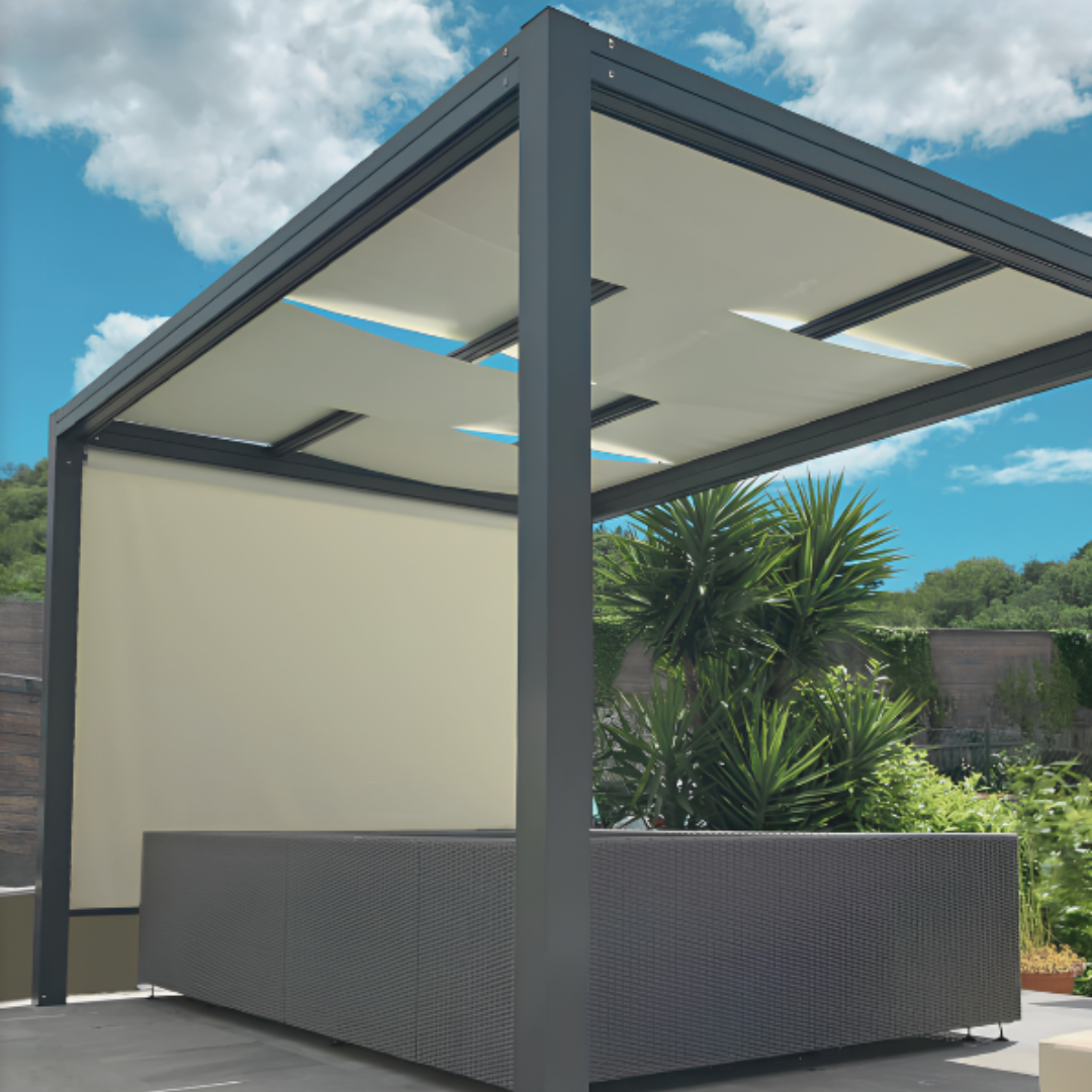 Shading pergola with woven Mediterranean cloths